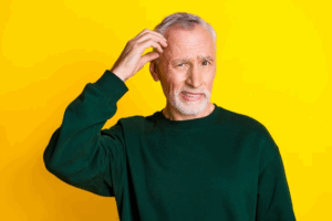 Man scratching his head on bright yellow background